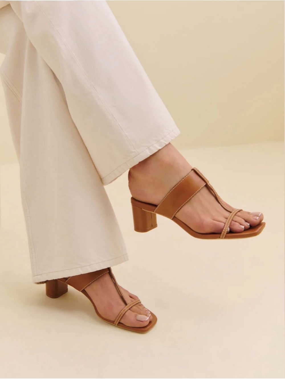 Reformation Tan Leather Block Heel Sandals